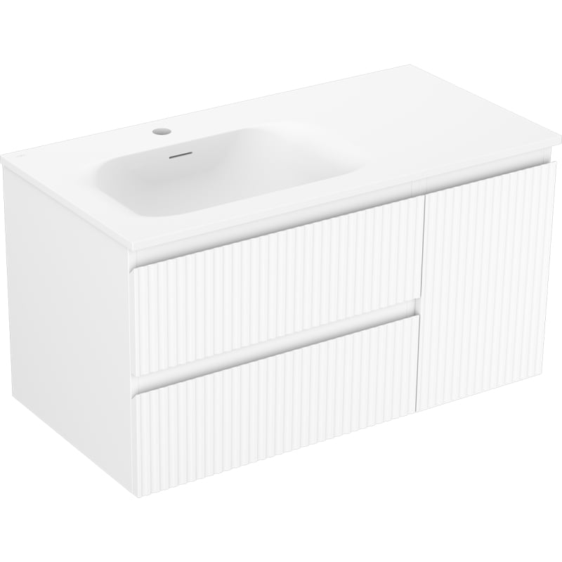 Mexen Rivel 90 cm bathroom cabinet with Vela left sink, 2 drawers, 1 door, grooved, matte white - 91A23-09047-3-BBFFF01-W23L01