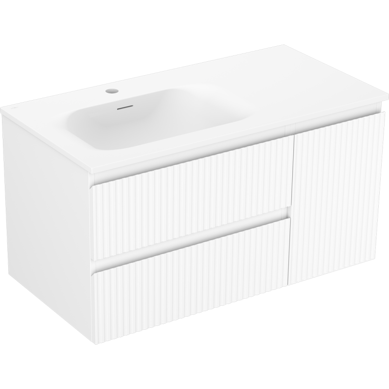 Mexen Rivel bathroom cabinet 90 cm with left Vela sink, 2S, 1D, fluted, white matte - 91A23-09047-3-BBFFF01-W23L01