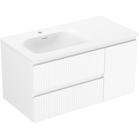 Mexen Rivel 90 cm bathroom cabinet with Vela left sink, 2 drawers, 1 door, grooved, matte white - 91A23-09047-3-BBFFF01-W23L01