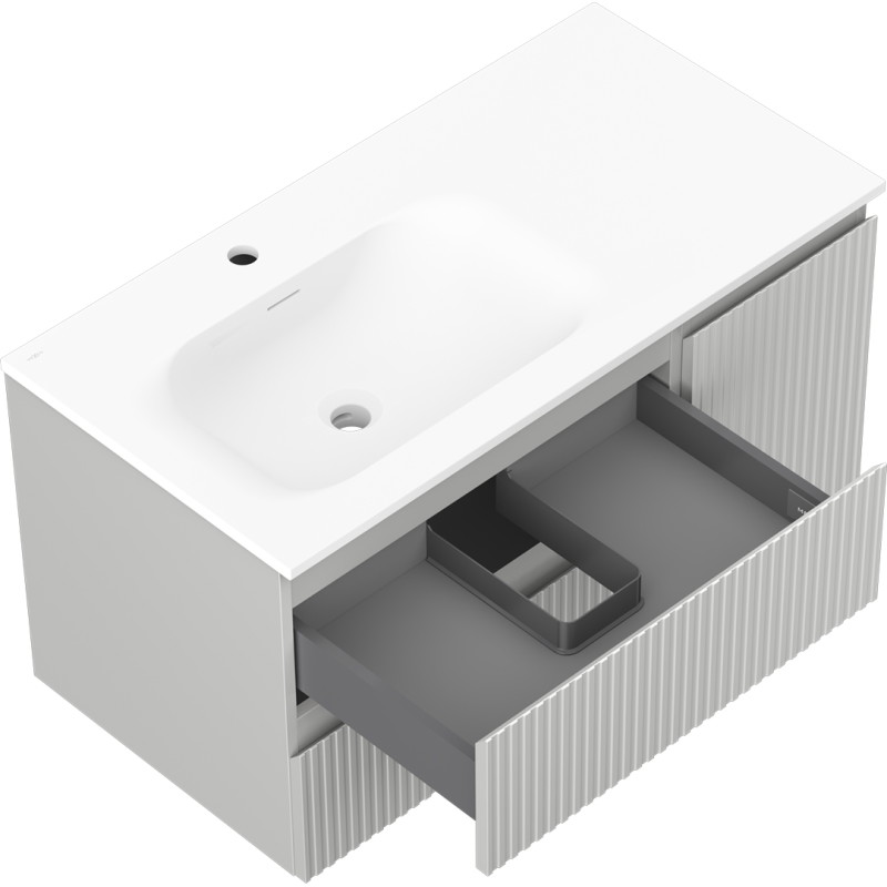 Mexen Rivel 90 cm bathroom cabinet with Vela left basin, 2S, 1D, fluted, matte gray/white matte - 91A23-09047-3-BBFFF62-W23L01