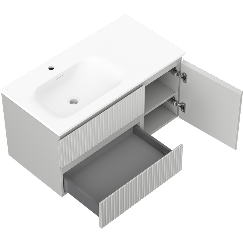 Mexen Rivel 90 cm bathroom cabinet with Vela left basin, 2S, 1D, fluted, matte gray/white matte - 91A23-09047-3-BBFFF62-W23L01