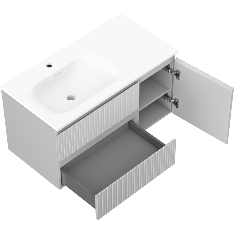 Mexen Rivel bathroom cabinet 90 cm with Vela left sink, 2S, 1D, ribbed, matte gray/white matte - 91A23-09047-3-BBFFF62-W23L01