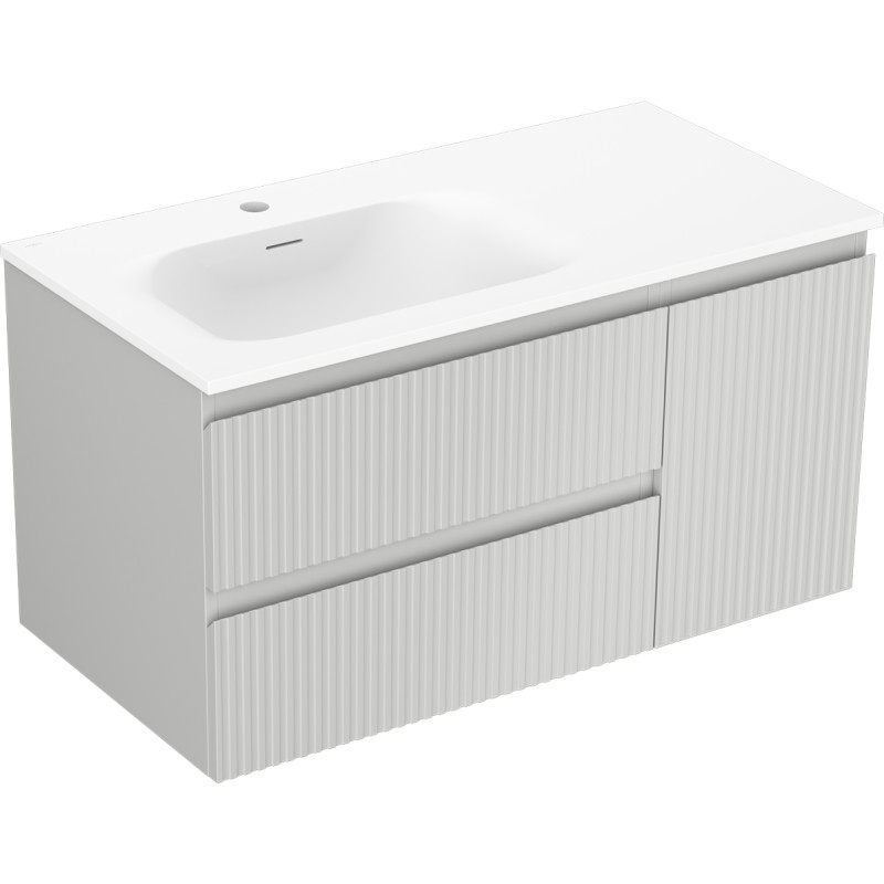 Mexen Rivel 90 cm bathroom cabinet with Vela left basin, 2S, 1D, fluted, matte gray/white matte - 91A23-09047-3-BBFFF62-W23L01