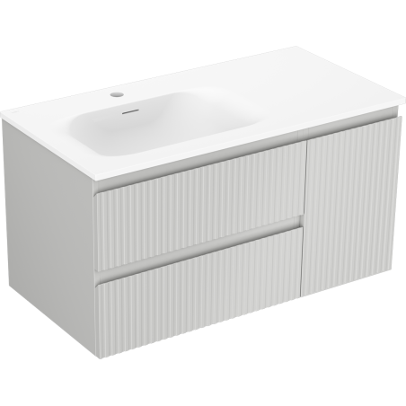 Mexen Rivel 90 cm bathroom cabinet with Vela left basin, 2S, 1D, fluted, matte gray/white matte - 91A23-09047-3-BBFFF62-W23L01