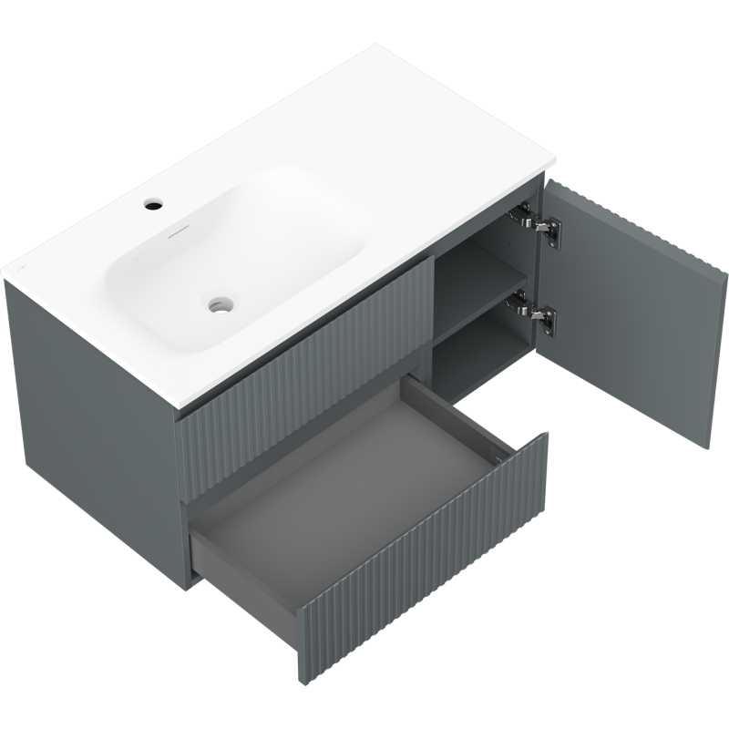 Mexen Rivel bathroom cabinet 90 cm with Vela sink on the left, 2S, 1D, fluted, graphite matte/white matte