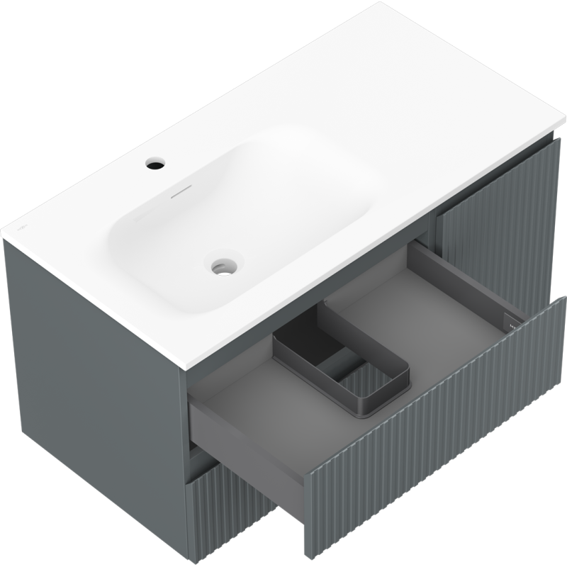 Mexen Rivel bathroom cabinet 90 cm with Vela sink on the left, 2S, 1D, fluted, graphite matte/white matte
