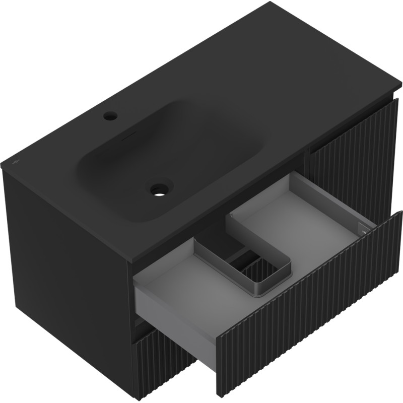 Mexen Rivel 90 cm bathroom cabinet with Vela left sink, 2 drawers, 1 door, grooved, black matte - 91A23-09047-3-BBFFF71-W23L71