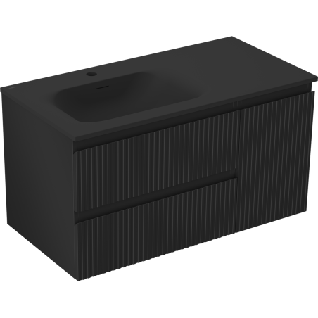 Mexen Rivel 90 cm bathroom cabinet with Vela left sink, 2 drawers, 1 door, grooved, black matte - 91A23-09047-3-BBFFF71-W23L71