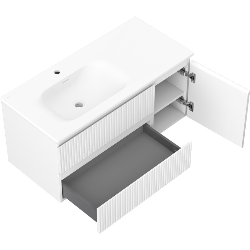 Mexen Rivel 100 cm bathroom cabinet with left Vela sink, 2 drawers, 1 door, grooved, white matte - 91A23-10047-3-BBFFF01-W23L01