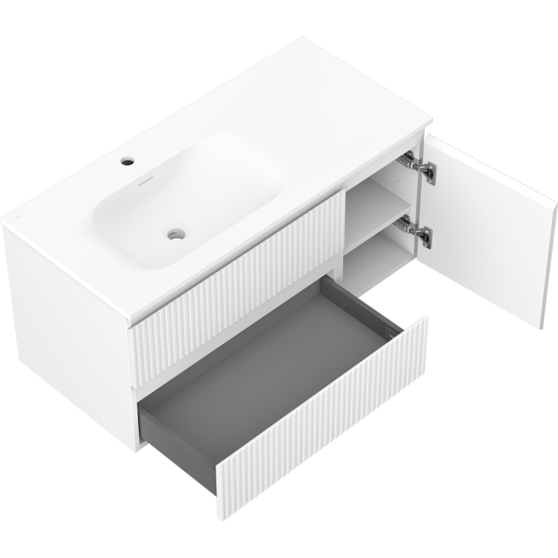 Mexen Rivel bathroom cabinet 100 cm with left washbasin Vela, 2S, 1D, fluted, matte white - 91A23-10047-3-BBFFF01-W23L01