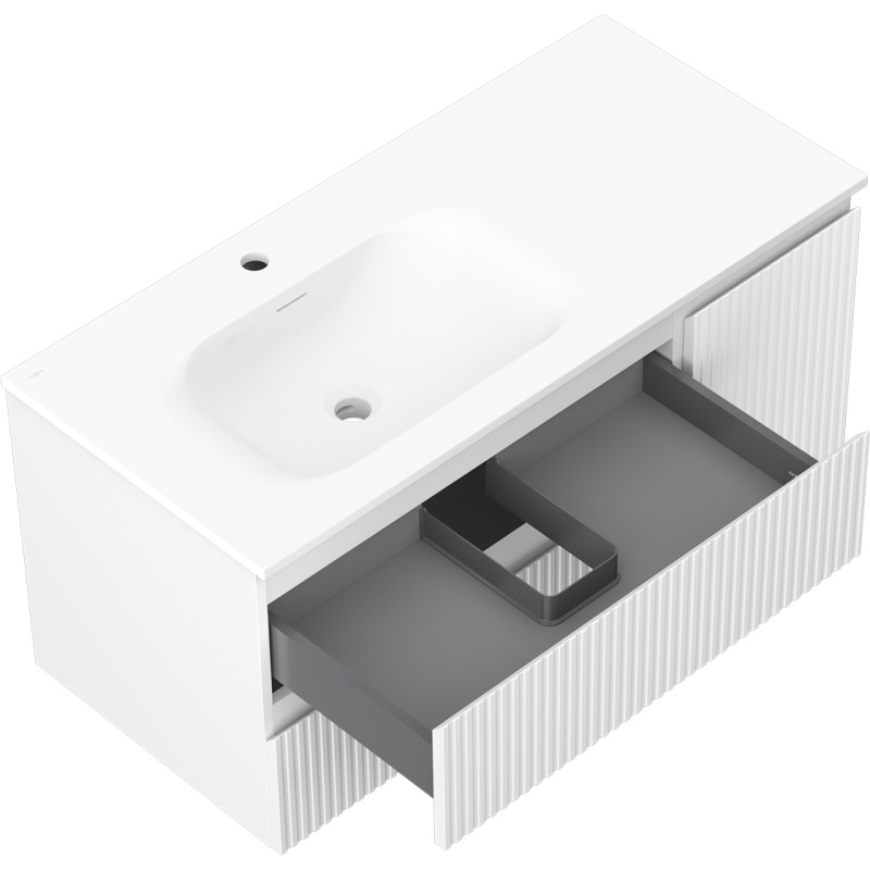 Mexen Rivel 100 cm bathroom cabinet with left Vela sink, 2 drawers, 1 door, grooved, white matte - 91A23-10047-3-BBFFF01-W23L01