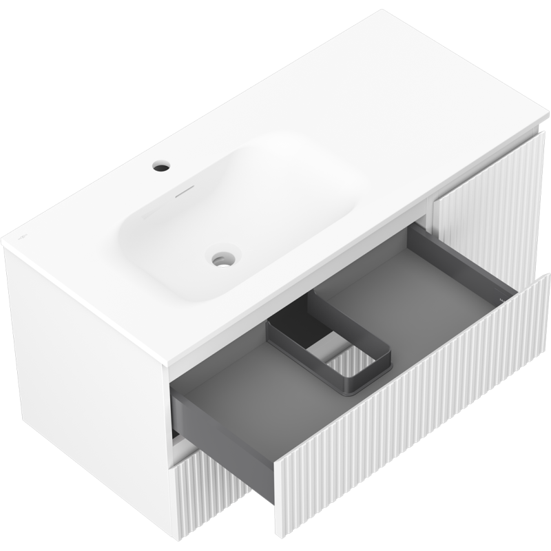 Mexen Rivel bathroom cabinet 100 cm with left washbasin Vela, 2S, 1D, fluted, matte white - 91A23-10047-3-BBFFF01-W23L01