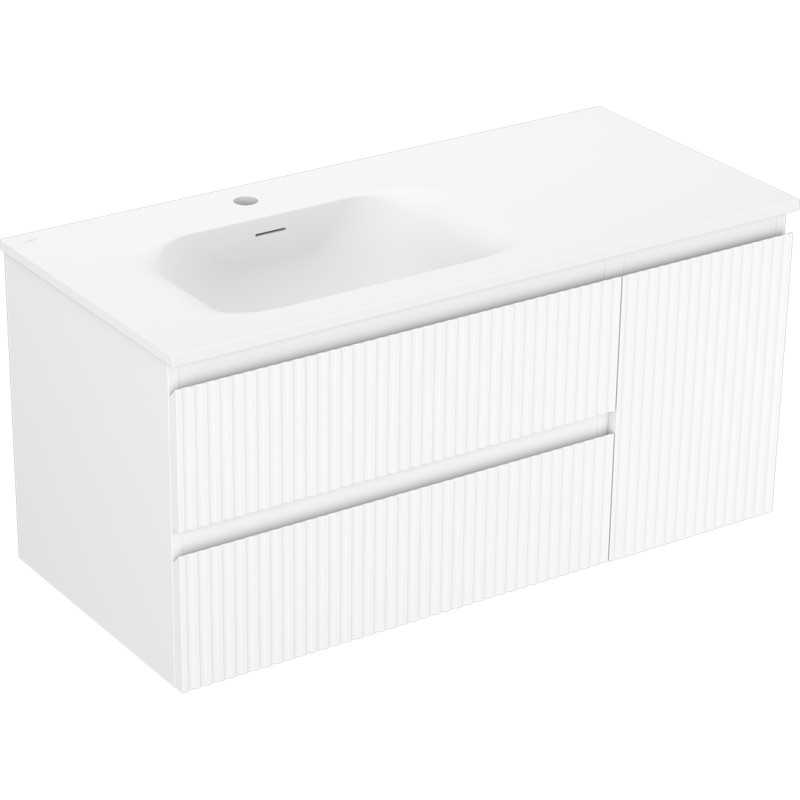 Mexen Rivel 100 cm bathroom cabinet with left Vela sink, 2 drawers, 1 door, grooved, white matte - 91A23-10047-3-BBFFF01-W23L01
