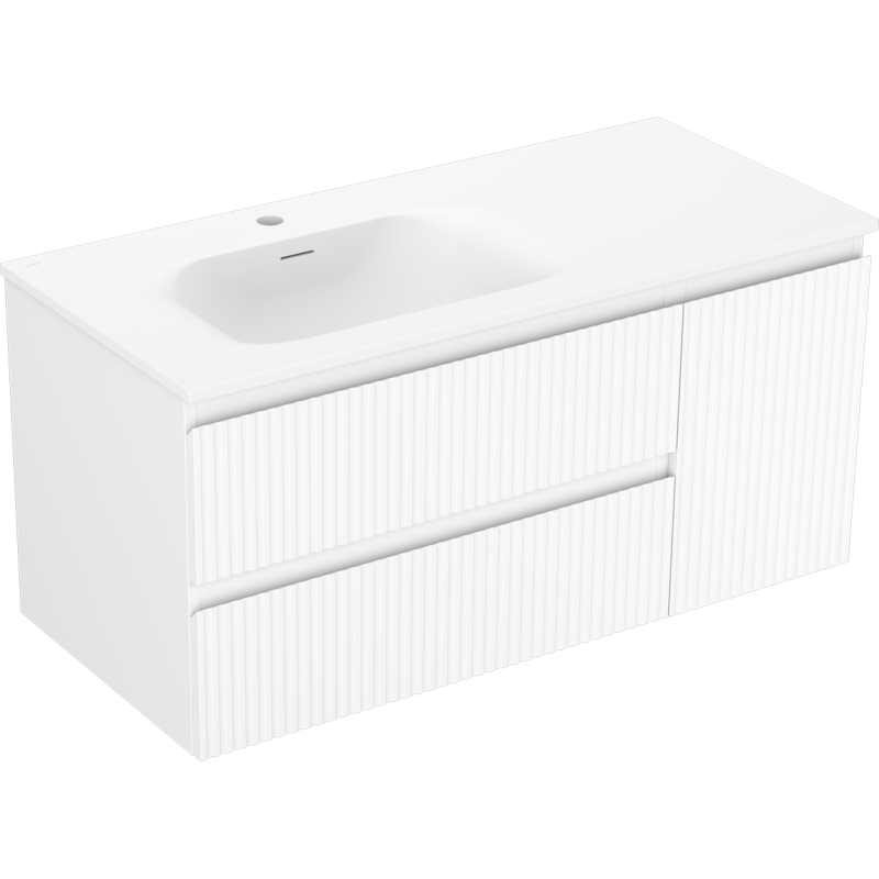 Mexen Rivel bathroom cabinet 100 cm with left washbasin Vela, 2S, 1D, fluted, matte white - 91A23-10047-3-BBFFF01-W23L01
