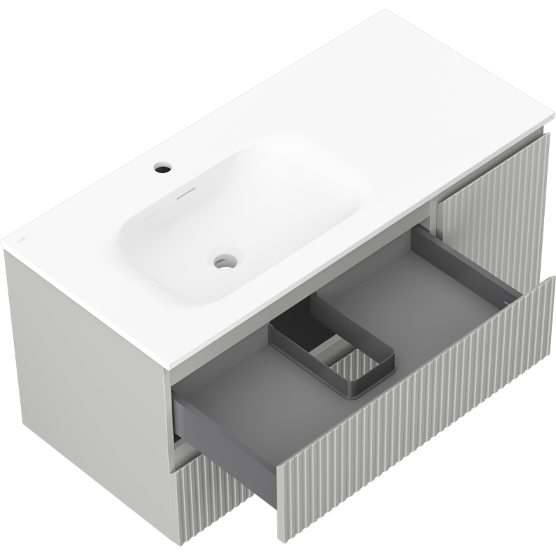 Mexen Rivel bathroom cabinet 100 cm with Vela left sink, 2S, 1D, fluted, matte gray/matte white - 91A23-10047-3-BBFFF62-W23L01