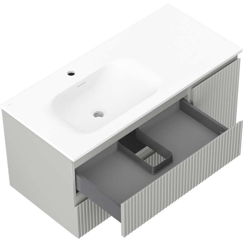Mexen Rivel bathroom cabinet 100 cm with Vela left sink, 2S, 1D, grooved, gray matte/white matte - 91A23-10047-3-BBFFF62-W23L01