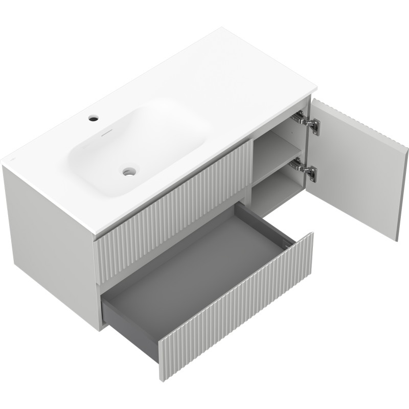 Mexen Rivel bathroom cabinet 100 cm with Vela left sink, 2S, 1D, grooved, gray matte/white matte - 91A23-10047-3-BBFFF62-W23L01