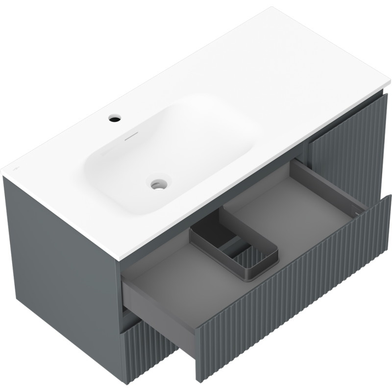 Mexen Rivel 100 cm bathroom cabinet with Vela left-hand sink, 2S, 1D, grooved, graphite/white matte