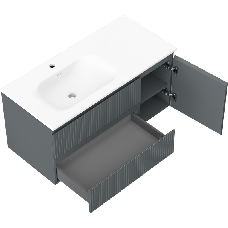 Mexen Rivel 100 cm bathroom cabinet with Vela left-hand sink, 2S, 1D, grooved, graphite/white matte
