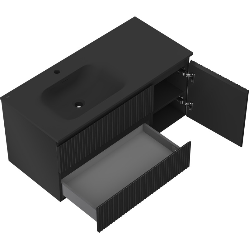 Mexen Rivel 100 cm Bathroom Cabinet with Vela Left Sink, 2S, 1D, Grooved, Matte Black - 91A23-10047-3-BBFFF71-W23L71