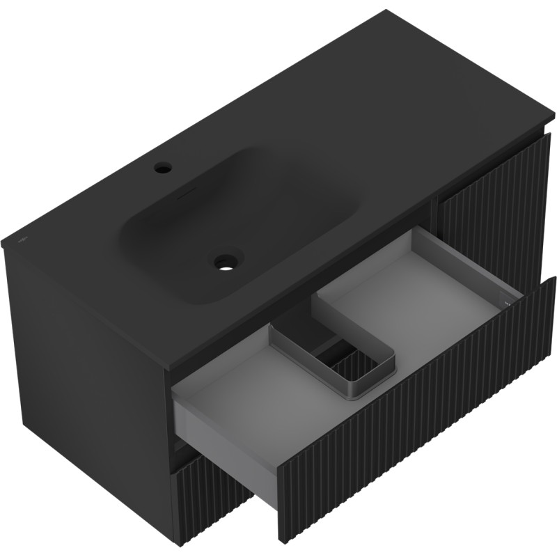 Mexen Rivel 100 cm Bathroom Cabinet with Vela Left Sink, 2S, 1D, Grooved, Matte Black - 91A23-10047-3-BBFFF71-W23L71