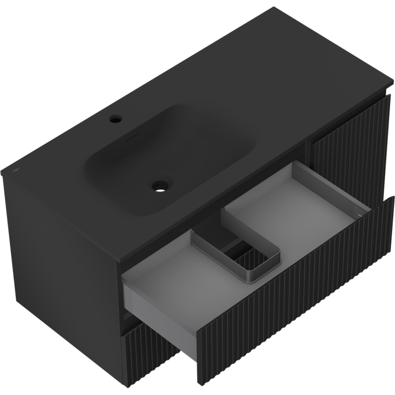 Mexen Rivel bathroom cabinet 100 cm with left Vela sink, 2S, 1D, fluted, black matte - 91A23-10047-3-BBFFF71-W23L71