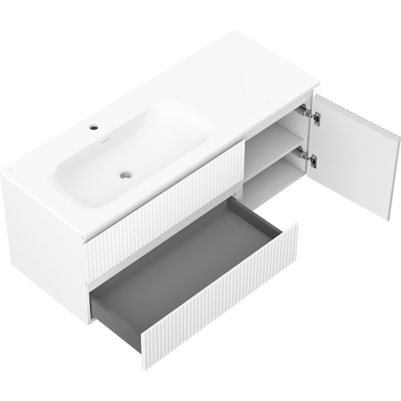 Mexen Rivel 120 cm bathroom cabinet with left Vela sink, 2S, 1D, grooved, white matte - 91A23-12047-3-BBFFF01-W23L01