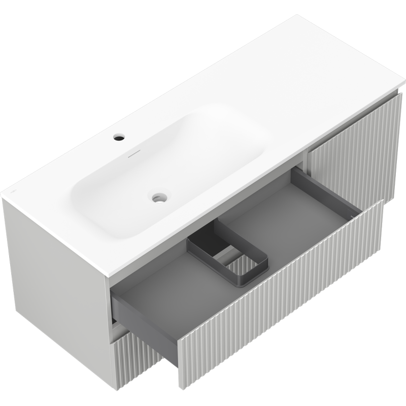 Mexen Rivel 120 cm bathroom cabinet with left Vela sink, 2S, 1D, fluted, gray matte/white matte - 91A23-12047-3-BBFFF62-W23L01