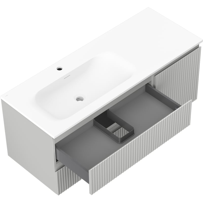 Mexen Rivel 120 cm bathroom cabinet with Vela left sink, 2S, 1D, grooved, gray matte/white matte - 91A23-12047-3-BBFFF62-W23L01