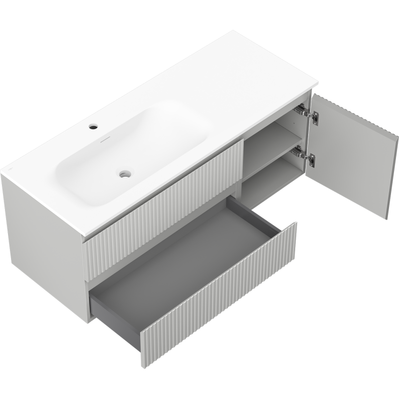 Mexen Rivel 120 cm bathroom cabinet with left Vela sink, 2S, 1D, fluted, gray matte/white matte - 91A23-12047-3-BBFFF62-W23L01
