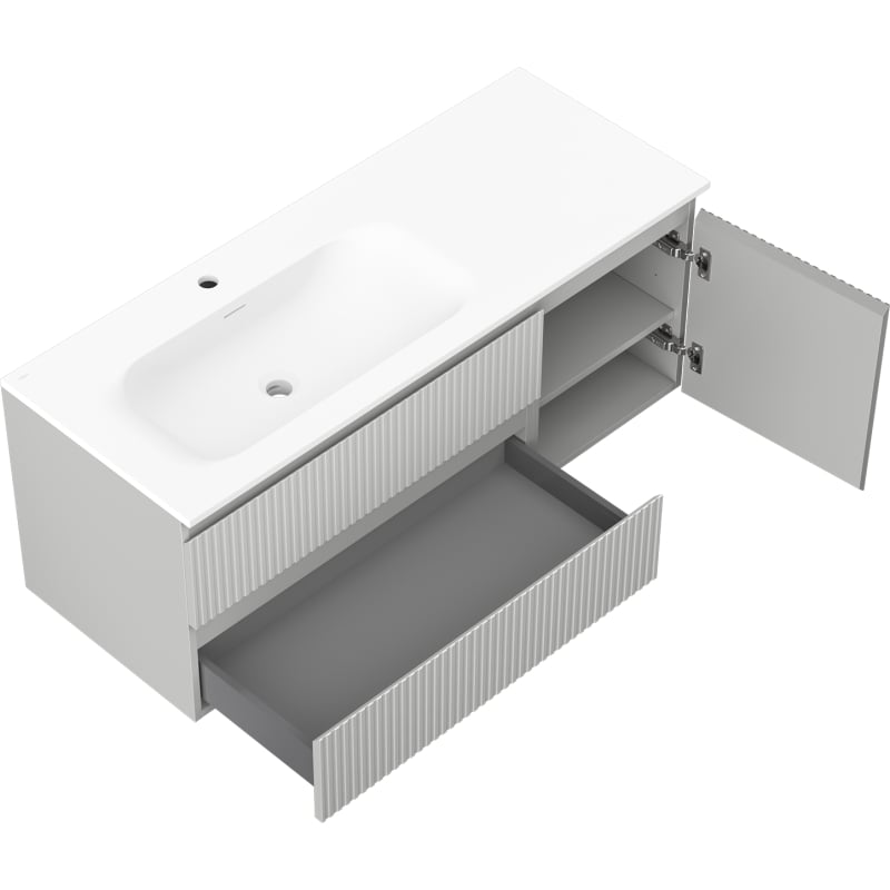 Mexen Rivel 120 cm bathroom cabinet with Vela left sink, 2S, 1D, grooved, gray matte/white matte - 91A23-12047-3-BBFFF62-W23L01