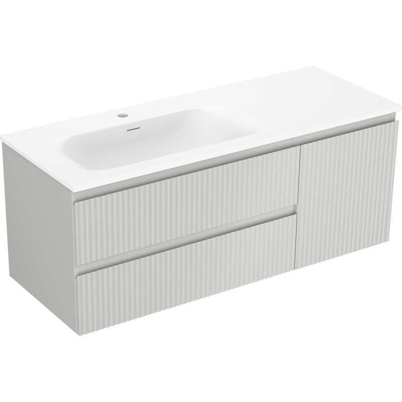 Mexen Rivel 120 cm bathroom cabinet with left Vela sink, 2S, 1D, fluted, gray matte/white matte - 91A23-12047-3-BBFFF62-W23L01