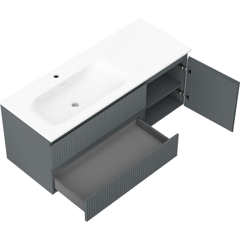 Mexen Rivel 120 cm bathroom cabinet with Vela left sink, 2S, 1D, grooved, graphite/white matte - 91A23-12047-3-BBFFF66-W23L01