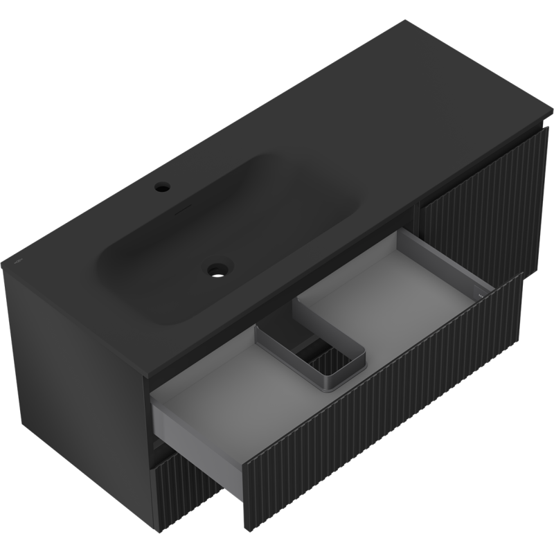 Mexen Rivel bathroom cabinet 120 cm with left Vela sink, 2S, 1D, grooved, black matte - 91A23-12047-3-BBFFF71-W23L71