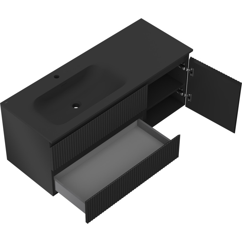 Mexen Rivel 120 cm bathroom cabinet with Vela left sink, 2 drawers, 1 door, fluted, matte black - 91A23-12047-3-BBFFF71-W23L71