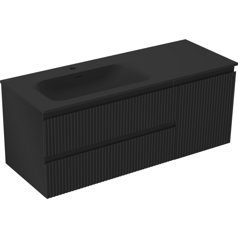 Mexen Rivel 120 cm bathroom cabinet with Vela left sink, 2 drawers, 1 door, fluted, matte black - 91A23-12047-3-BBFFF71-W23L71