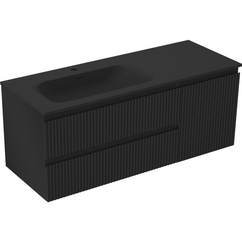 Mexen Rivel bathroom cabinet 120 cm with left Vela sink, 2S, 1D, grooved, black matte - 91A23-12047-3-BBFFF71-W23L71