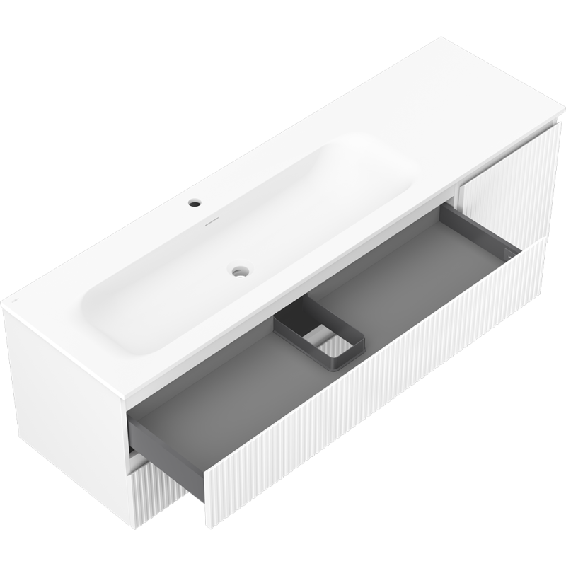 Mexen Rivel bathroom cabinet 160 cm with Vela left washbasin, 2S, 1D, grooved, white matte - 91A23-16047-3-BBFFF01-W23L01