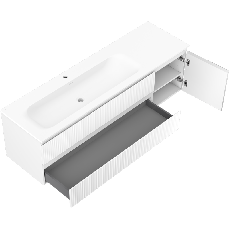 Mexen Rivel bathroom cabinet 160 cm with Vela left washbasin, 2S, 1D, grooved, white matte - 91A23-16047-3-BBFFF01-W23L01