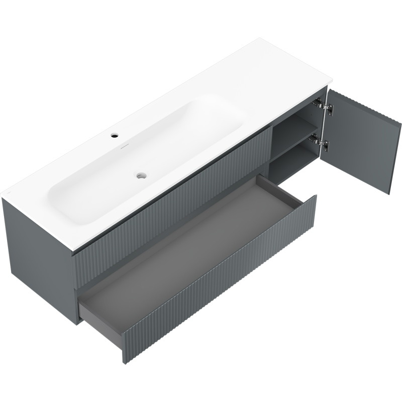Mexen Rivel 160 cm Bathroom Cabinet with Vela Left Sink, 2 Drawers, 1 Door, Grooved, Graphite/White Matte