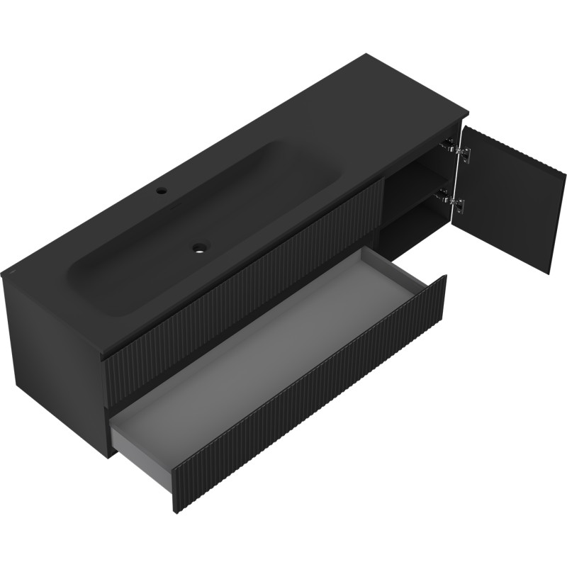 Mexen Rivel 160 cm bathroom cabinet with Vela left sink, 2S, 1D, fluted, black matte - 91A23-16047-3-BBFFF71-W23L71