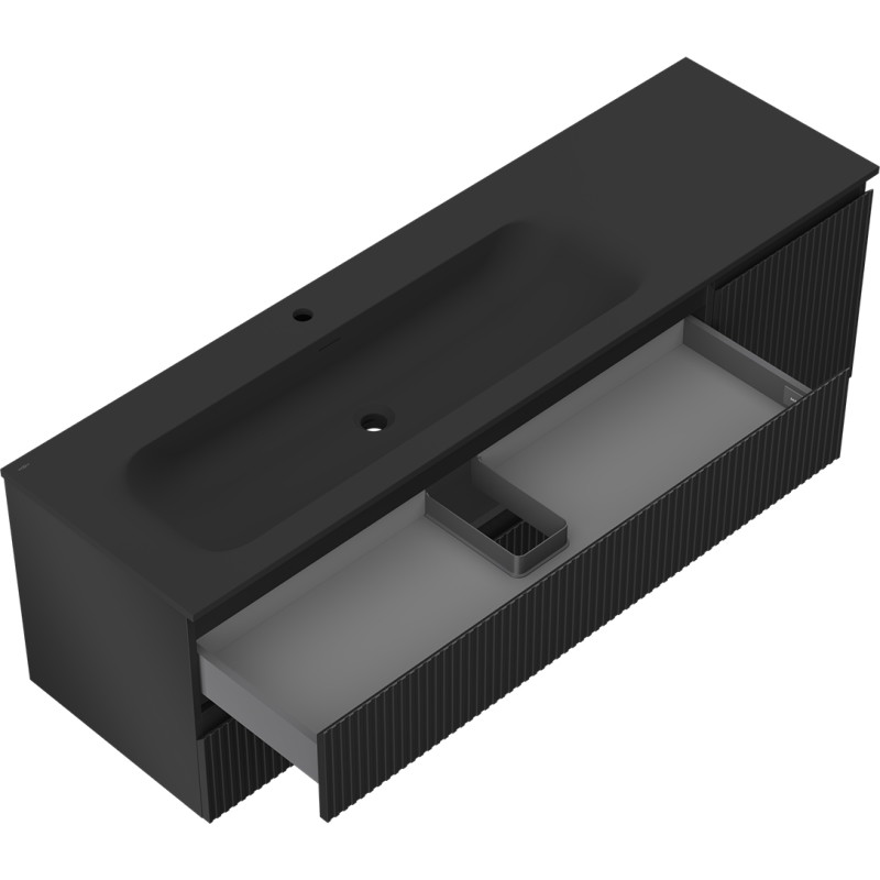 Mexen Rivel 160 cm bathroom cabinet with Vela left sink, 2S, 1D, fluted, black matte - 91A23-16047-3-BBFFF71-W23L71