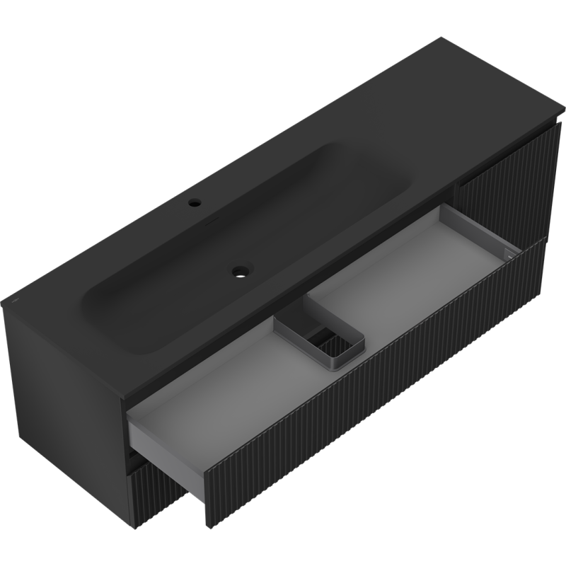 Mexen Rivel bathroom cabinet 160 cm with Vela left sink, 2S, 1D, fluted, black matte - 91A23-16047-3-BBFFF71-W23L71