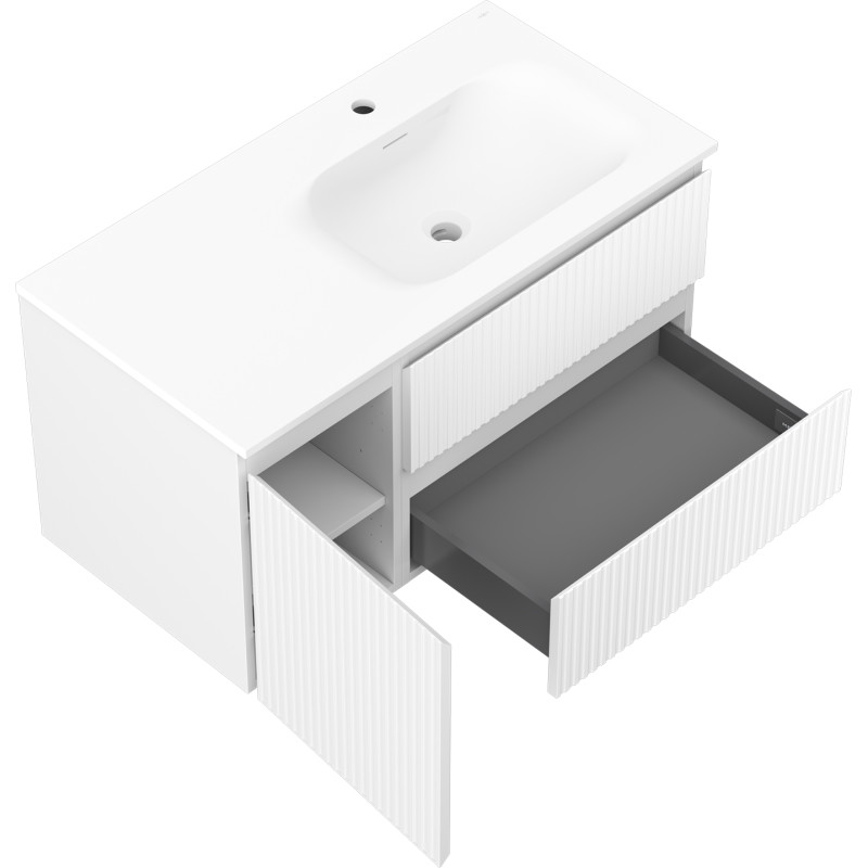 Mexen Rivel 90 cm bathroom cabinet with Vela sink, right, 2S, 1D, grooved, matte white - 91A23-09047-3-BBFFF01-W23P01