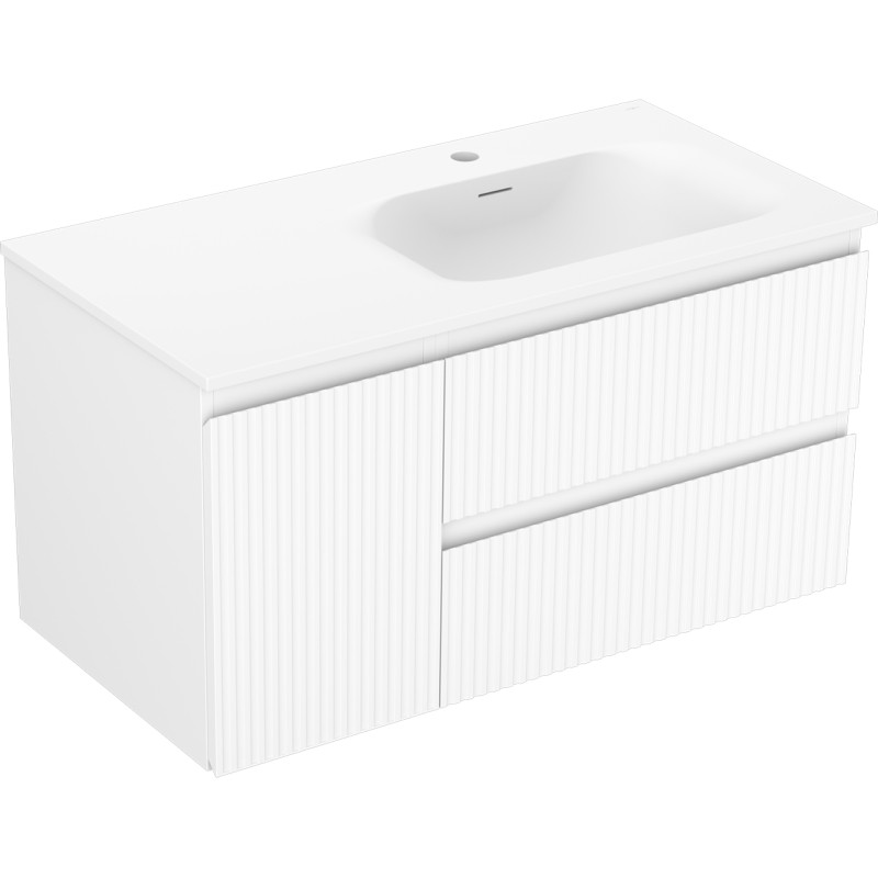 Mexen Rivel 90 cm bathroom cabinet with Vela sink, right, 2S, 1D, grooved, matte white - 91A23-09047-3-BBFFF01-W23P01
