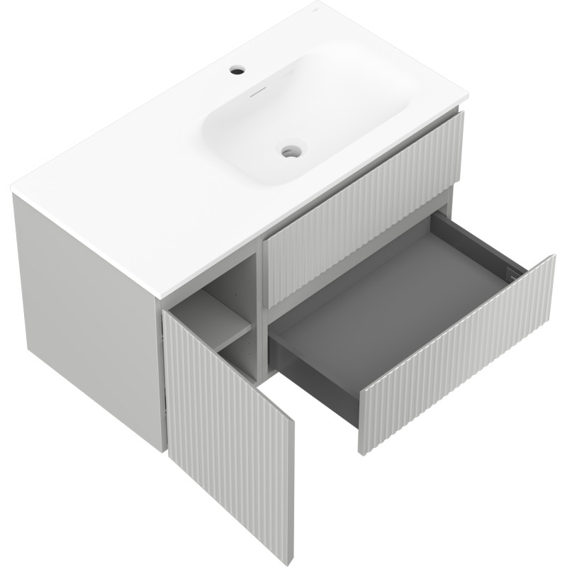 Mexen Rivel 90 cm bathroom cabinet with Vela right sink, 2 drawers, 1 door, grooved, gray matte/white matte