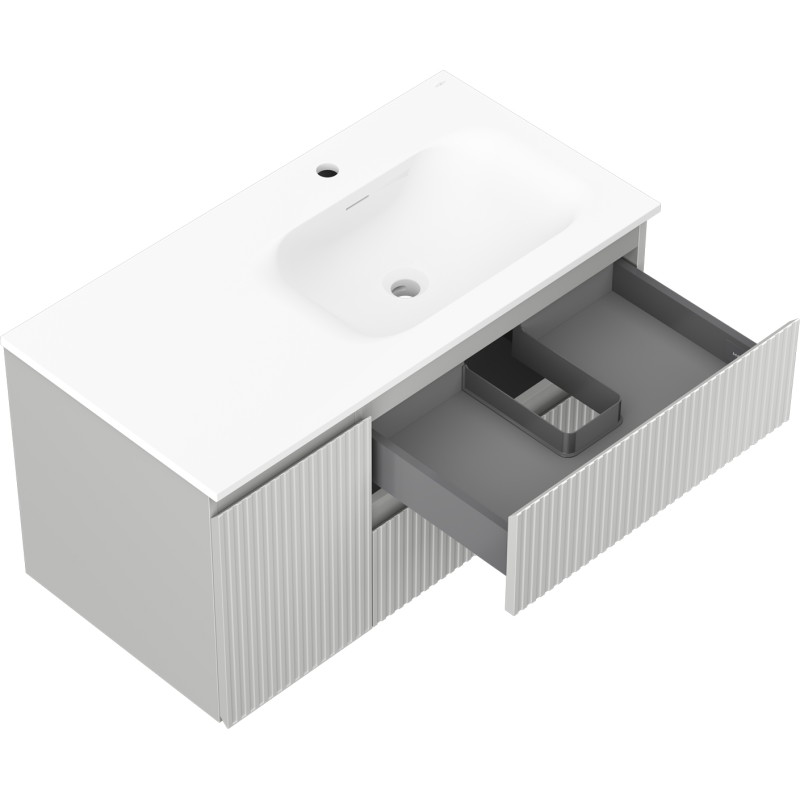 Mexen Rivel 90 cm bathroom cabinet with Vela right sink, 2 drawers, 1 door, grooved, gray matte/white matte