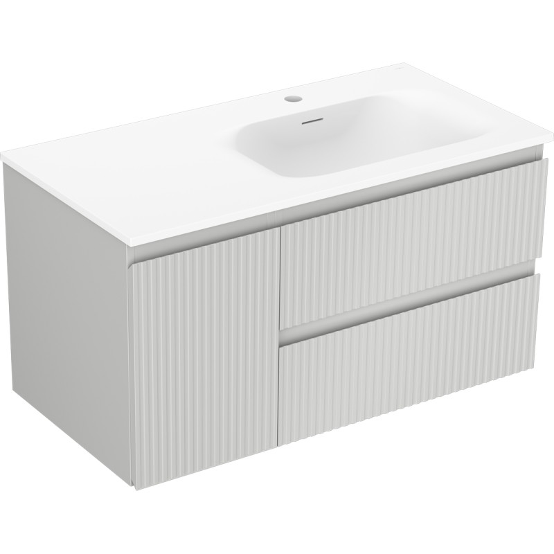 Mexen Rivel 90 cm bathroom cabinet with Vela right sink, 2 drawers, 1 door, grooved, gray matte/white matte