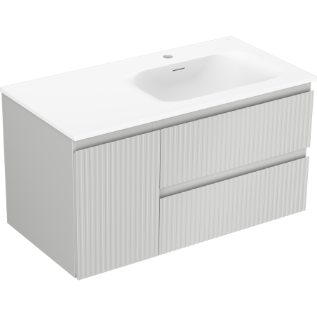 Mexen Rivel 90 cm bathroom cabinet with Vela right sink, 2 drawers, 1 door, grooved, gray matte/white matte