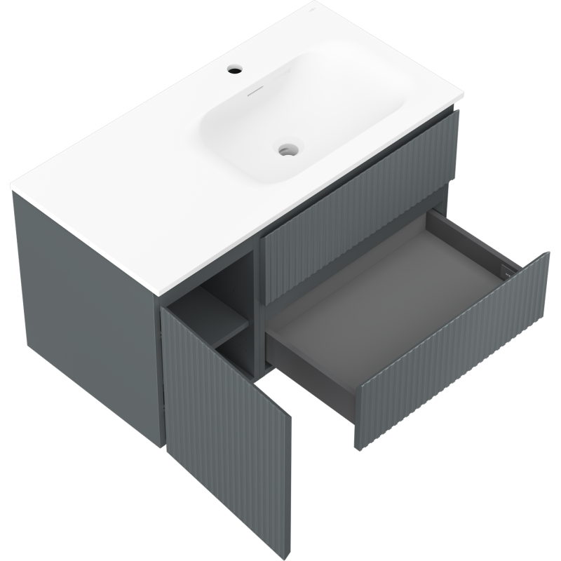Mexen Rivel bathroom cabinet 90 cm with Vela right sink, 2S, 1D, fluted, graphite/white matte - 91A23-09047-3-BBFFF66-W23P01